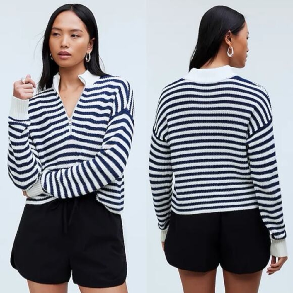Madewell Stripes Half-Zip Sweater in white and Navy